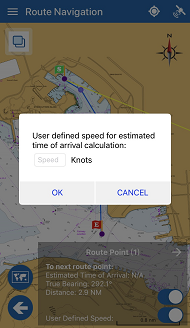 True bearing and remaining distance from the mobile device to the route points