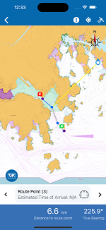 True bearing and remaining distance from the mobile device to the route